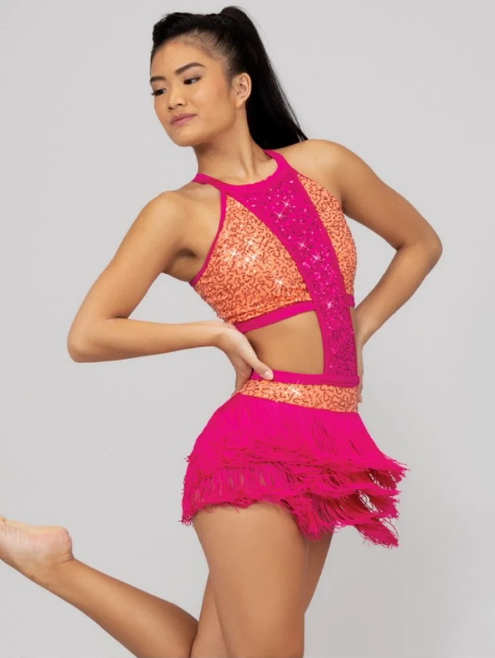 Weissman Girls SC Pink & Orange Sequin Fringe Dance Costume 15569